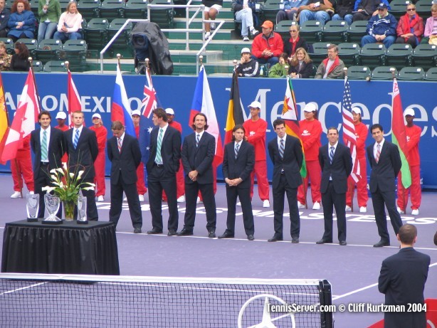 Tennis - Masters Cup 2004 Opening Ceremony, singles players from left: Roger Federer, Andy Roddick, Lleyton Hewitt, Marat Safin, Carlos Moya, Guillermo Coria, Tim Henman, Gaston Gaudio, Guillermo Canas (alternate)