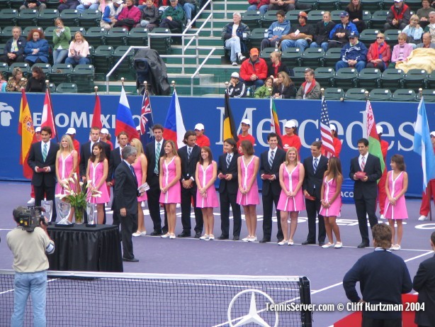 Tennis - Masters Cup 2004 Opening Ceremony, singles players from left: Roger Federer, Andy Roddick, Lleyton Hewitt, Marat Safin, Carlos Moya, Guillermo Coria, Tim Henman, Gaston Gaudio, Guillermo Canas (alternate)